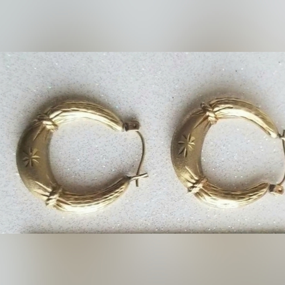 Engraved 10k Hoop Earrings with Star Motif - Picture 9 of 11